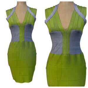 Herve Leger size Medium Mini Dress Sprig 2010 Lime Green Color Block Bandage